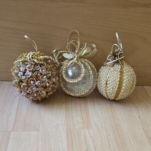Set Of 3 Gold & Cream Holiday Handmade Ornaments Christmas Decoration